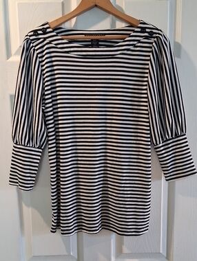 Apostrophe Black and White Striped Boatneck Blouse